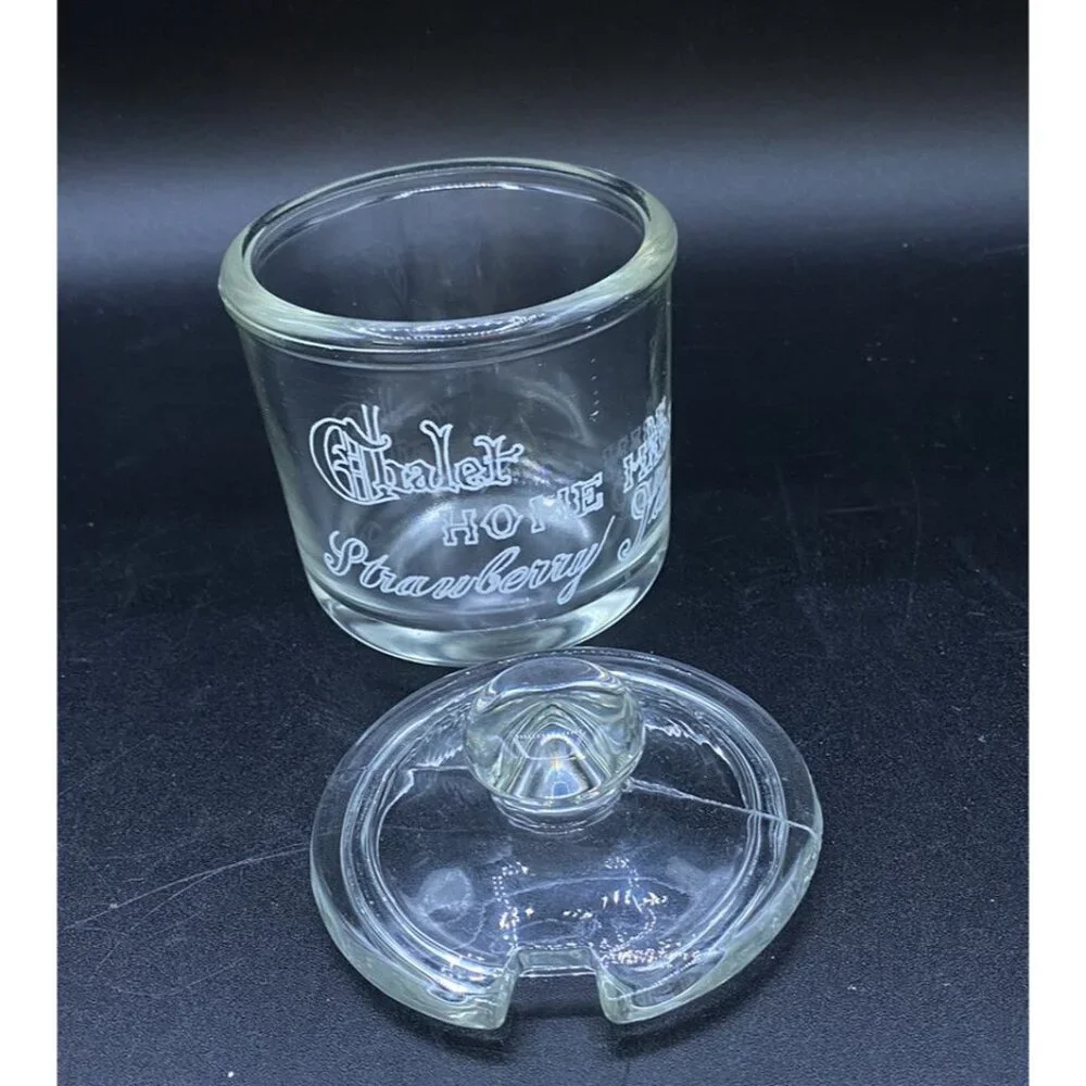 Chalet Strawberry Jam Clear Jar Canister Notched Lid Antique READ